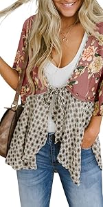 Women Kimono Cardigans Ruffle Sleeve Lightweight Patchwork Flowy Boho Tie Loose Cover Ups