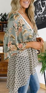 Women Kimono Cardigans Ruffle Sleeve Lightweight Patchwork Flowy Boho Tie Loose Cover Ups