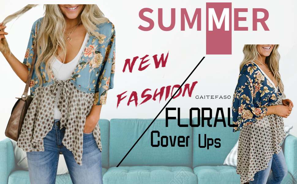 Women Floral Kimono Cardigans 3/4 Ruffle Sleeve Loose Cover Ups