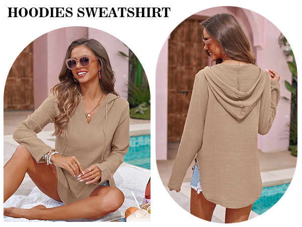 Long Sleeve V Neck Pocketed Hooded Shirt Top