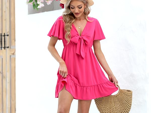 Womens Summer Short Rompers Sexy Loose Tie Front Jumpsuit Casual V Neck Wide Leg Beach Overalls