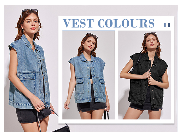 Imily Bela Womens Denim Vest Top Button Down Cap Sleeve Loose Fit Jean Jacket with Pockets