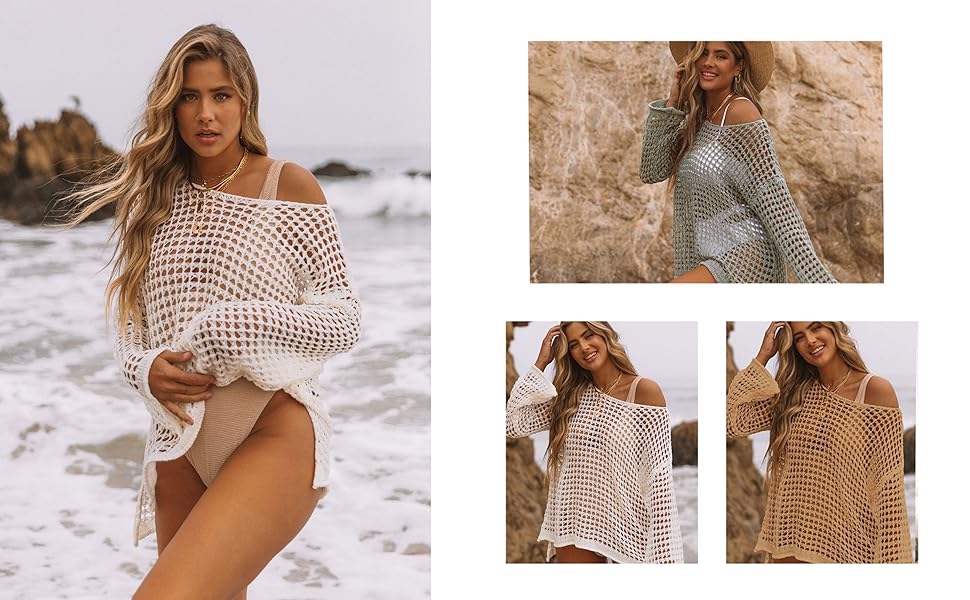 Crochet Cover Ups for Swimwear Women Long Sleeve Hollow Out Crew Neck Beach Coverup