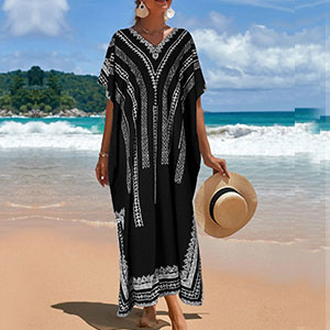 Women Print Beach Kaftan Dress Short Sleeve Plus Size Bathing Suit Cover Ups