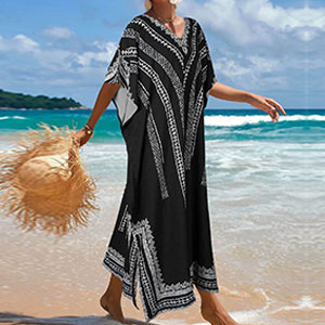 Women Embroidery Short Sleeve Bikini Swimsuit Cover Up Side Split Beach Kaftan Dress