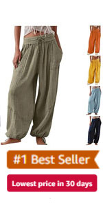 Womens Baggy Harem Pants Drawstring Cotton Linen Wide Leg Capris