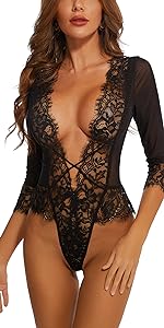 Sexy Lace Teddy Lingerie Women See Through Bodysuit Neck Sheer Underwear Floral Mini Bodydoll