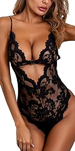 Lace Women Lingerie Sexy Naughty Floral Teddy One Piece See Through Bodysuits Deep V Neck