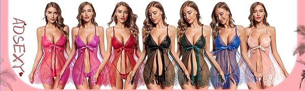 Chemise Lingerie for Women Mesh Sleepwear Lace Eyelash Babydoll V Neck Nightgown Open Front