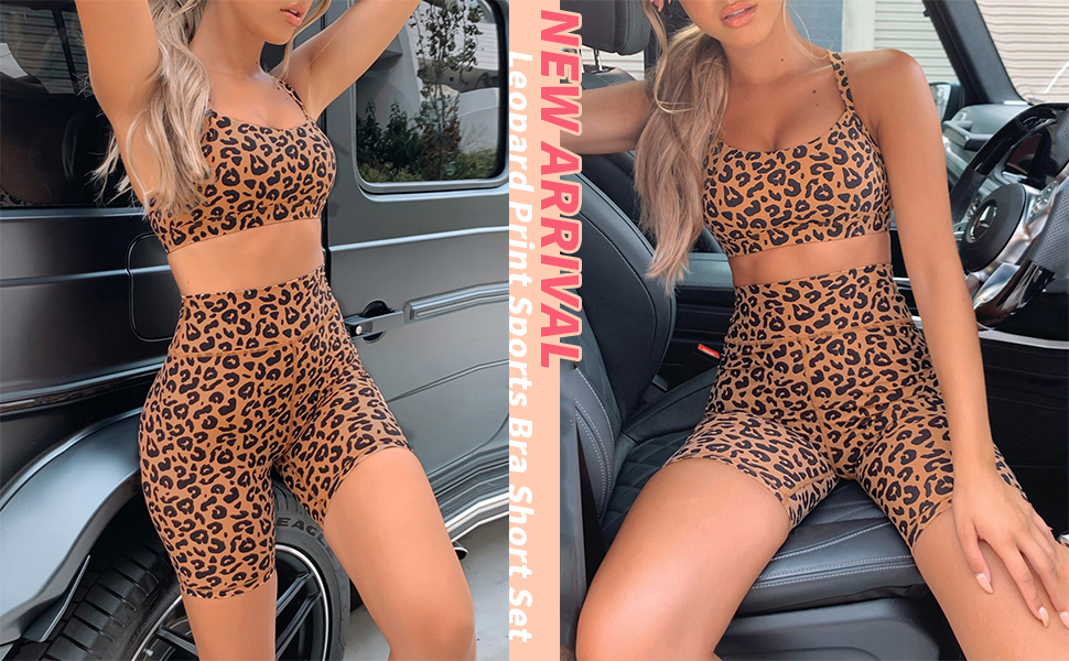 luvamia Women''s Two Pieces Leopard Sports Bra Set Workout Outfit Set Gym Clothes workout short set