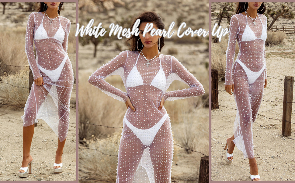 white mesh pearl cover up