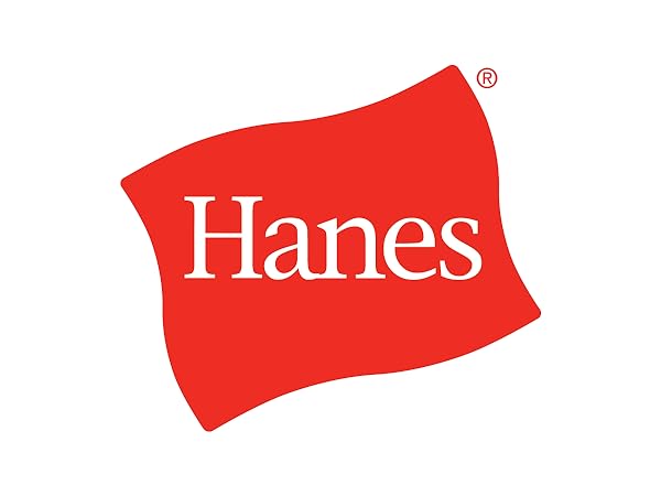 Hanes logo, white text with a red background