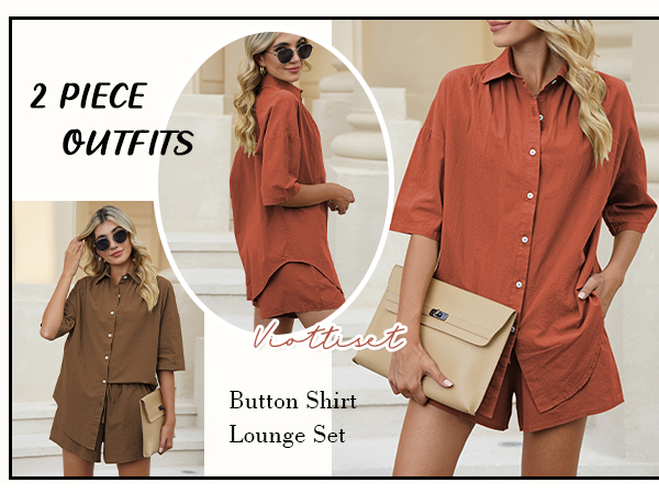 2 Piece Outfits Summer Shorts Lounge Set Button Shirt Sweatsuits