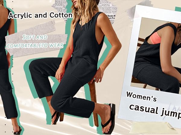 women&#39;s sweater knit rompers casual sleeveless long pants jumpsuit v neck overalls with pockets