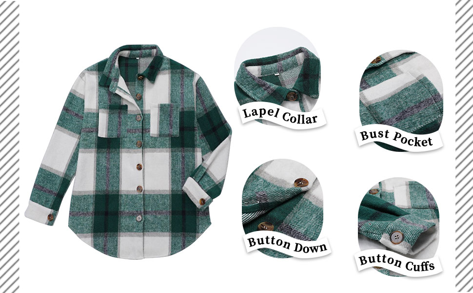 Womens Casual Flannel Wool Blend Plaid Lapel Button Down Long Sleeve Shacket Jacket Coat 