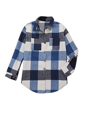 Womens Long Sleeve Plaid Shirts Flannel Lapel Button Down Shacket Jacket Coats