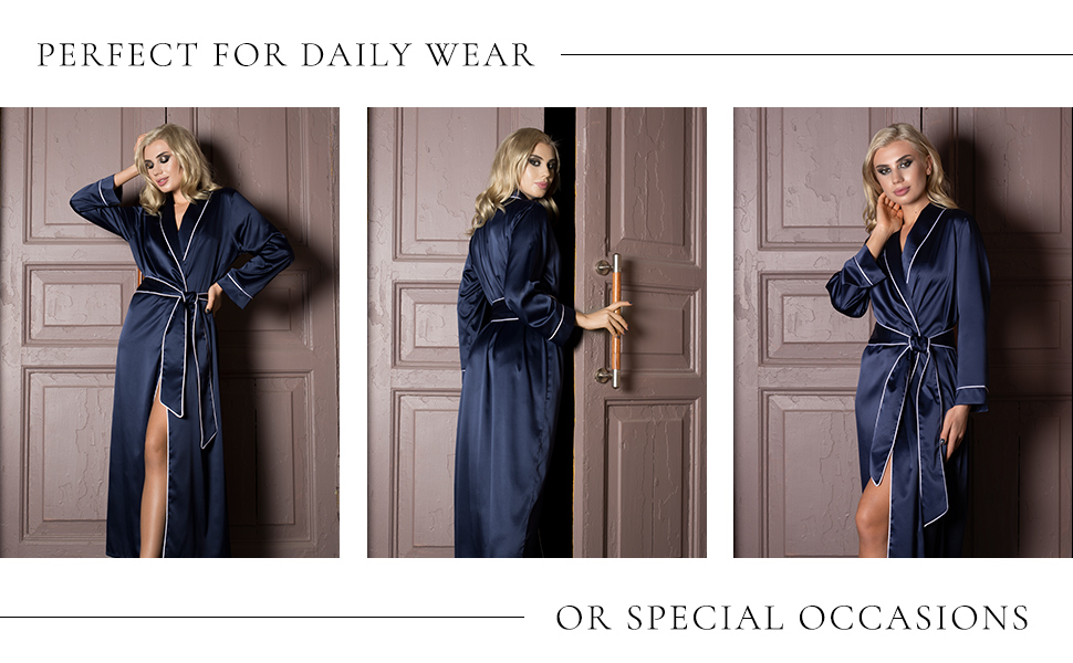 Long Silk Robes for Women Sexy - Satin Bridesmaid Robes Navy Blue - Bridal Luxury Lingerie Robe Maxi