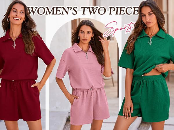 2 Piece Outfits Zipper Knit Lounge Sets 2024 Fashion short Sleeve Shorts Matching Sets with Pockets