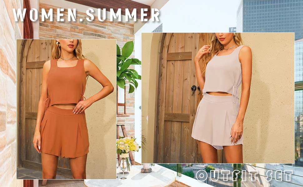 Women''s Summer Two Piece Outfit Short Sleeveless Crop Tops and Boyshorts with Pockets