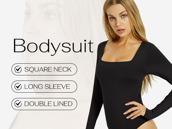 Womens Sexy Square Neck Double Lined Long sleeve Bodysuit Tops Jumpsuits