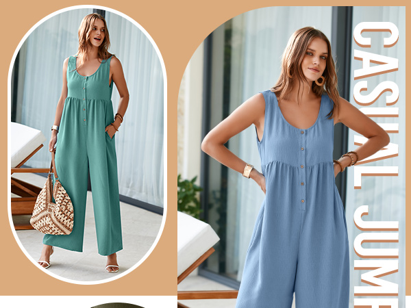 Glamaker Women''s Summer Sleeveless Button Up Wide Leg Pants Jumpsuits 2024 