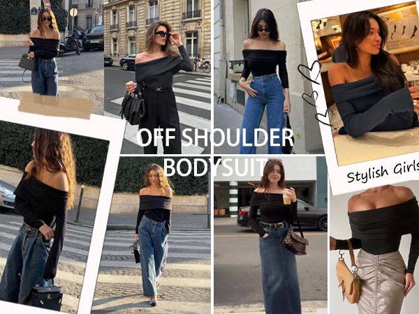 black long sleeve bodysuit for women sexy off the shoulder going out tops trendy