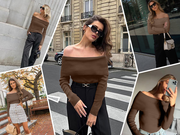 brown off shoulder tops for women going out long sleeve bodysuit for women