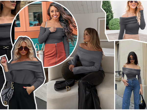 gray off the shoulder bodysuit for women long sleeve going out tops for women