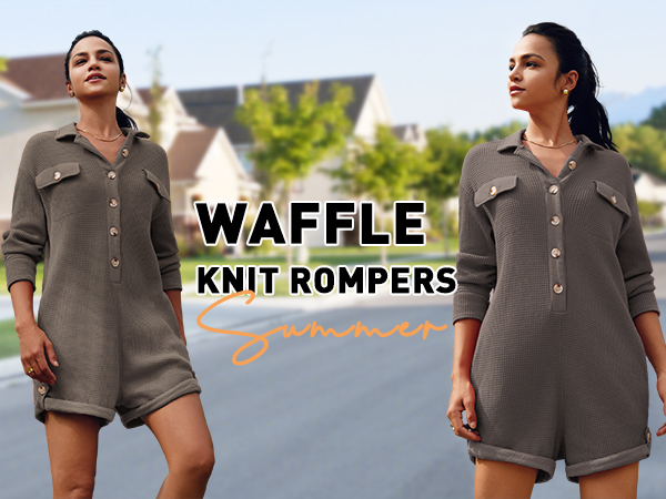 Waffle Knit Rompers Oversized Button Down Short Jumpsuit V Neck Long Sleeve Overalls with Pocket