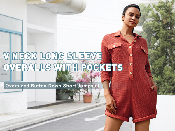 enley button-up neckline, flap button pockets, cuffed hemlines, relaxed fit short overalls for women