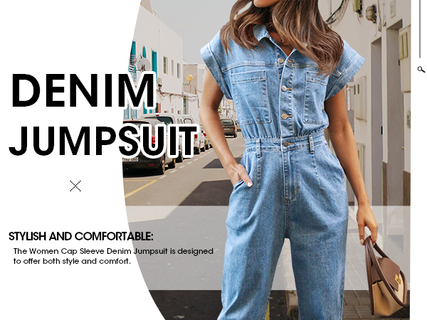 women denim button collar jumpsuits 