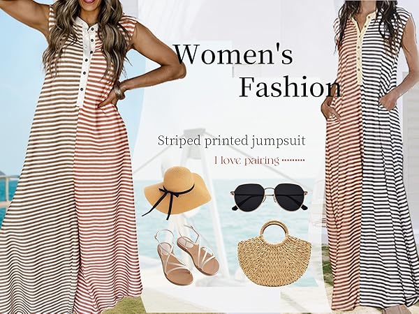 women striped wide leg jumpsuit