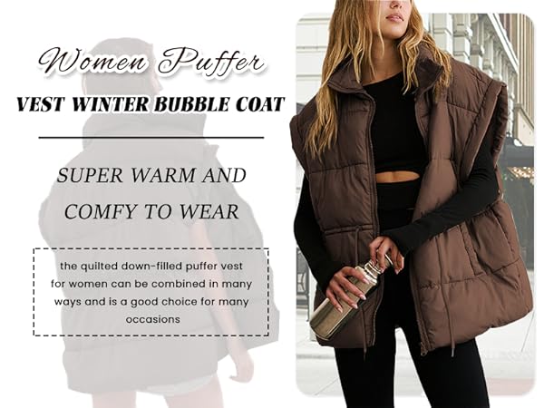 Womens Puffer Vest Lightweight Drawstring Quilted Stand Collar Zip Up Sleeveless Oversized Coat