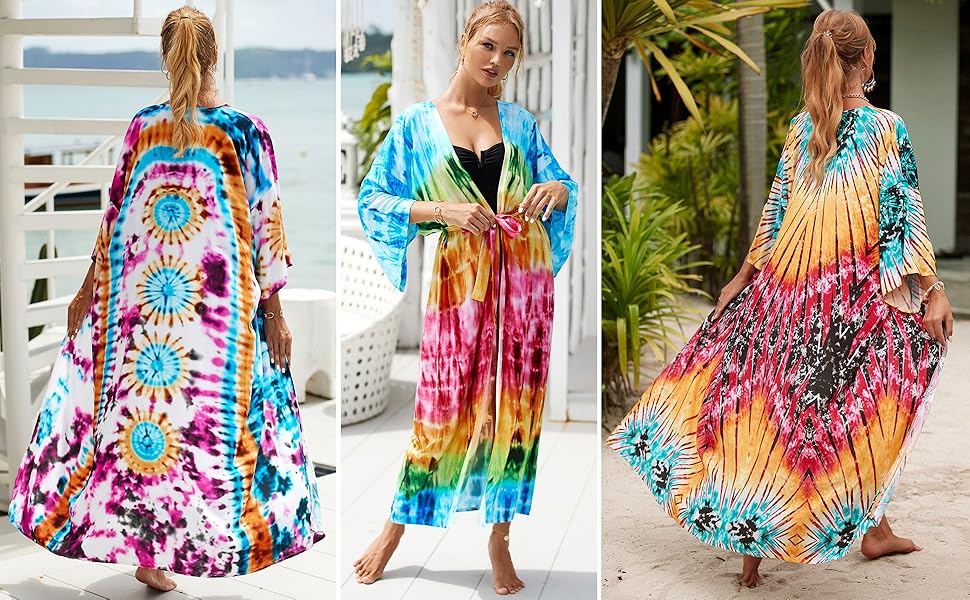 Multicolor colorful tie-dye floral kimono beach cover up long cardigan