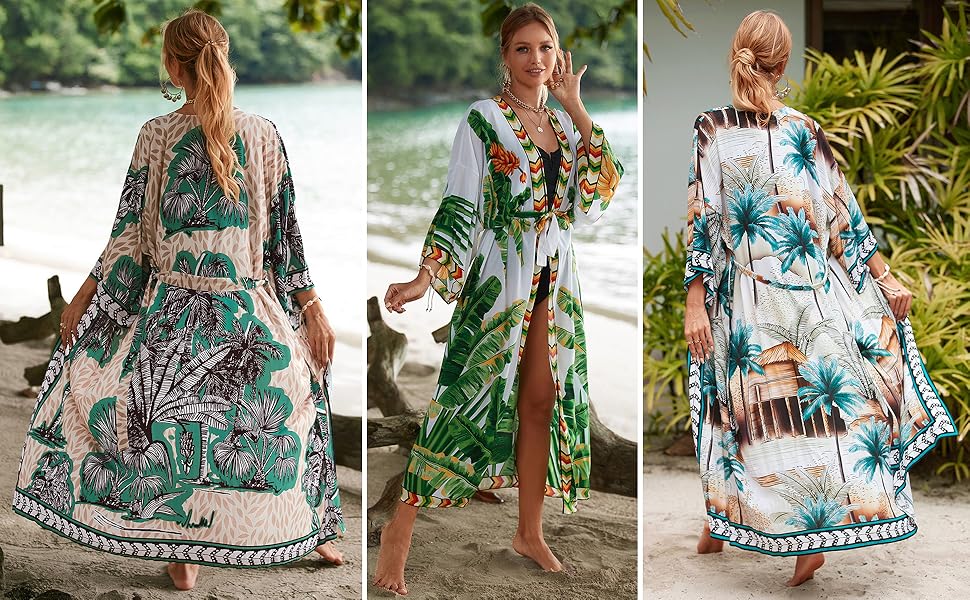 Colorful Leaf Print Long Kimono Cover Up Open Front Bathing Suit Dress Lightweight Cardigan