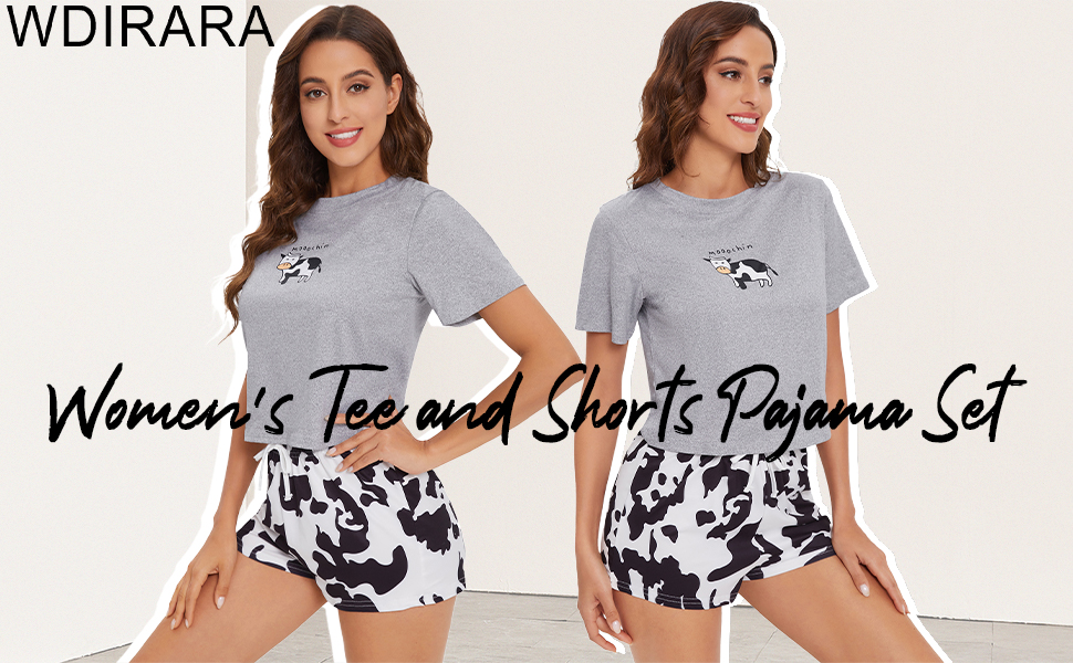 Cartoon Cow Print Short Sleeve Tee and Shorts Pajama Set