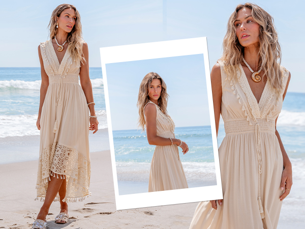 beige lace maxi dress for women beach formal tassel summer dress