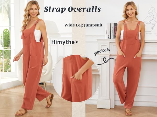 Women''s Overalls Casual Loose Sleeveless Adjustable Straps Bib Wide Leg Jumpsuit with Pockets