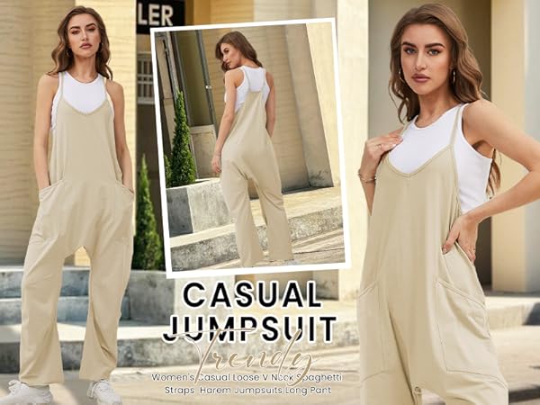 PUWEI Casual Harem Jumpsuits for Women Loose V Neck Spaghetti Straps Long Pants Overalls with Pocket