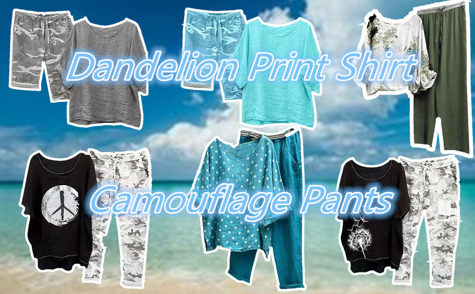 Dandelion Print Long Sleeve Blouse and Shorts Set Comfy Camouflage Pants 