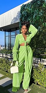 2 Pieces Outfits for Women Long Sleeve Wide Legs Pants Jumpsuits Sweatsuits Joggers Tracksuit Sets