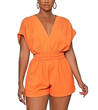 Short Sleeve Deep V Neck Button Jumpsuit Sun Out Drawstring Ruffled Short Rompers with Pockets