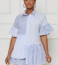 Short Sleeve Patchwork Button Down Ruffled Casual Tunic Dress