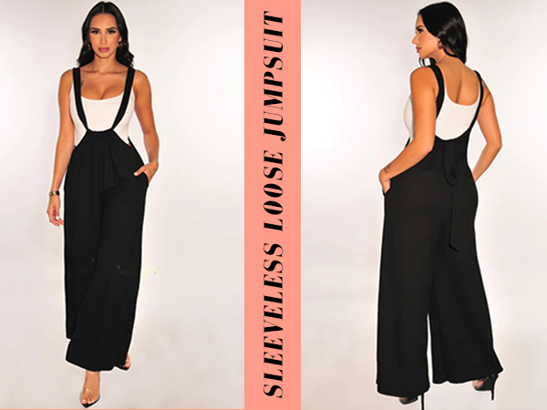 Women Casual Sleeveless Straps Overalls Wide Leg Jumpsuits Baggy Bib Rompers with Pockets