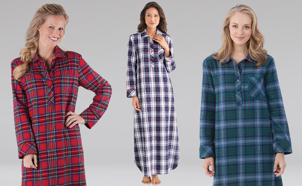 long flannel gown lineup against grey background