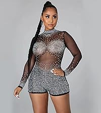 Women Sexy Rhinestone Mesh Long Sleeve Rompers