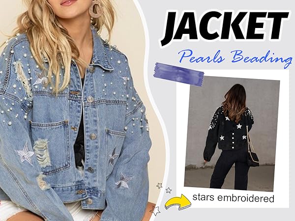 womens pearls jean jacket