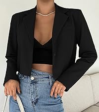 Women''s Long Sleeve Cropped Blazer Notched Lapel Collar Button Lightweight Jacket