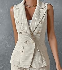 Women''s Elegant Waffle Knit Sleeveless Work Blazer Double Button Vest Jackets