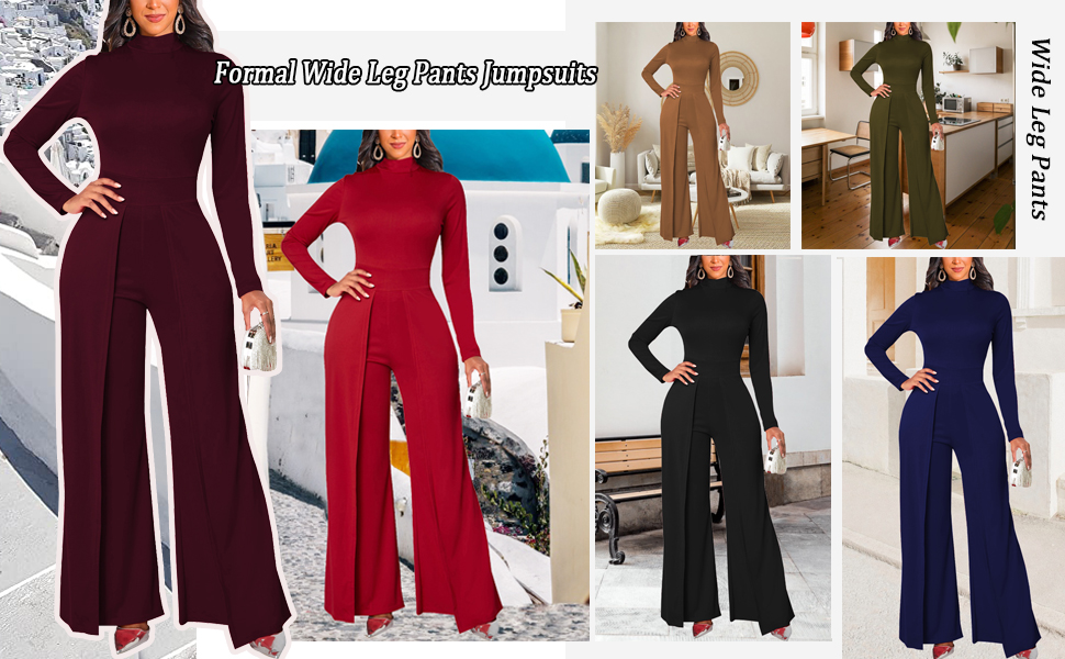 Long Sleeve Jumpsuit for Women Dressy Round Neck Work Wide Leg Pants Rompers